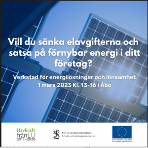Solenergipaneler och text: Vill du sänka elavgifterna och satsa på förnybar energi i ditt företag?